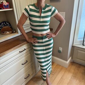 Anthropologie Green and White Midi Skirt